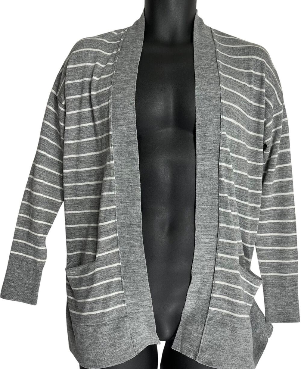 LOFT Cardigan Sweater Womens Size S Gray White Striped Wool Blend Long Sleeves